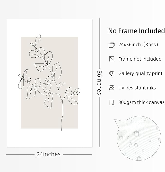Neutral Botanical Prints Wall Art Flower Minimalist Canvas Wall Decor Vintage Line Wall Art Floral Plant Painting Pictures Beige Boho Artwork Farmhouse Poster for Bedroom 24x36 Inch Unframed Set of 3