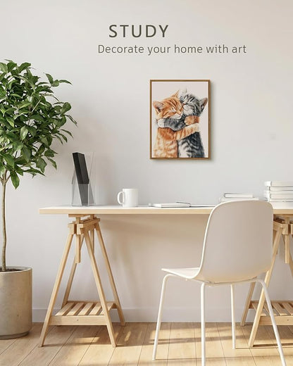 VIYYIEA Framed Canvas Wall Art Home Decor Aesthetic for Living Room, Vintage Wall Art, Framed Prints Painting Animal Artwork Bedroom Pictures Kitchen, Gifts for Friends or Family - Cat Hug, 16L x 12W