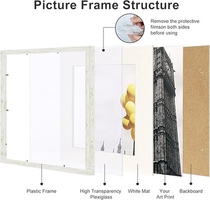 12x12 Picture Frame Set of 9, Display Pictures 8x8 with Mat or 12x12 without Mat, Multi Collage Gallery Square Photo Frames for Wall or Tabletop, Distressed White