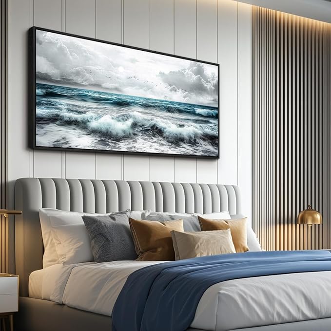ERQINHUA Black And White Beach Wall Painting Large Canvas Wall Art For Living Room Wall Decor For Bedroom Office Wall Decor Blue Sea Wave Pictures Artwork Hotel Home Decor Black Framed 30x60 In