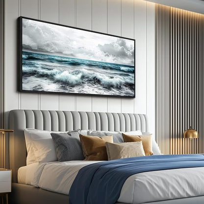 ERQINHUA Black And White Beach Wall Painting Large Canvas Wall Art For Living Room Wall Decor For Bedroom Office Wall Decor Blue Sea Wave Pictures Artwork Hotel Home Decor Black Framed 30x60 In