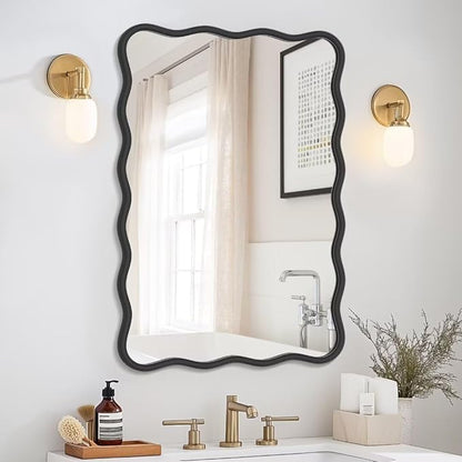 PROHOMEWARE 20 * 28" Black Wavy Rectangular Vanity Bathroom Mirror for Wall Mounted Bedroom Entryway Living Room Farmhouse (Black)