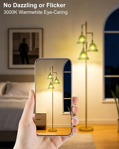 3-Light Modern Glass Floor Lamp, Gold Standing Tall Lamp with Green Lily Glass Shade for Reading, Dimmable LED Floor Lamp with 5Lbs Heavy Base for Living Room Bedroom Home Decor, Bulb Included