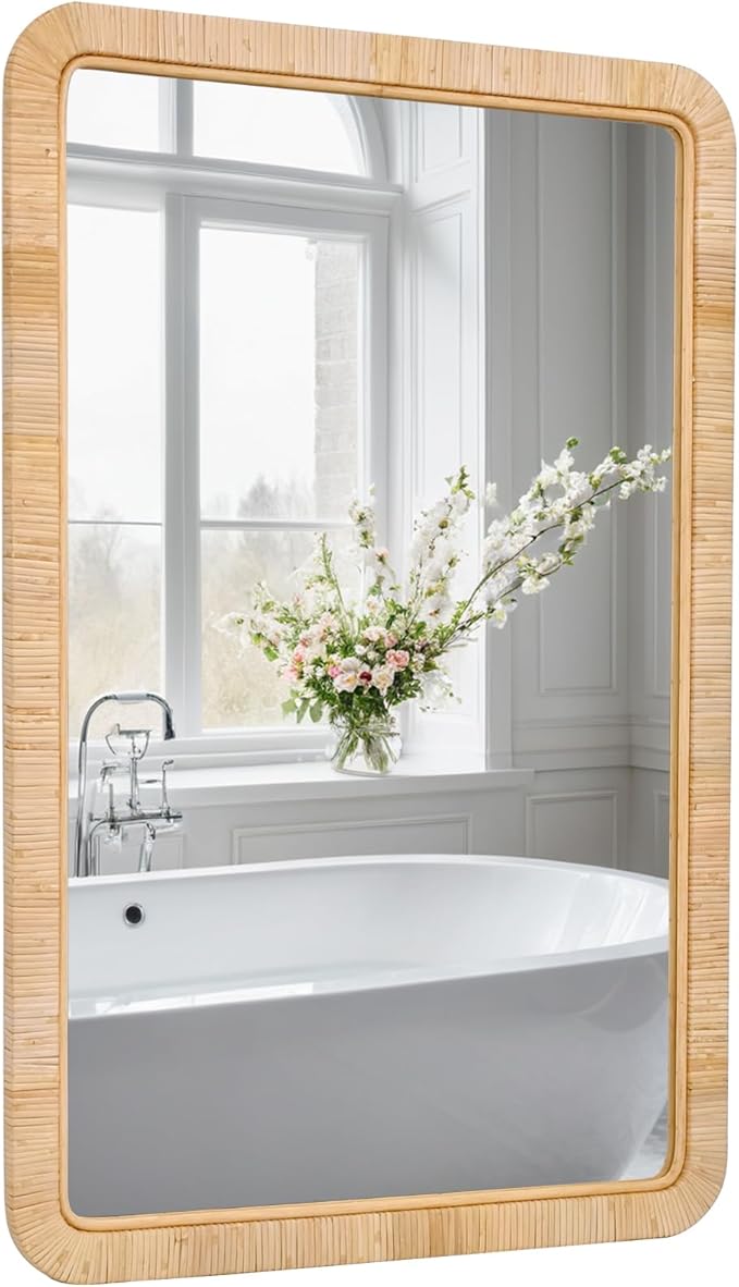FUIN 24"x36" Rattan Wall Mirror, Natural Wicker Rectangle Bathroom Vanity Mirror, Hanging Boho Decorative Mirror for Farmhouse, Entryway, Bedroom, Living Room, Horizontal Vertical Mount