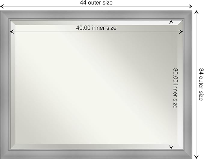 Amanti Art Silver Bathroom Mirror for Over Sink, 34x44 Flair Polished Nickel Rectangle Vanity Mirror, X-Large Casual Frame, Hangs Horizonally and Vertically, Bathroom Wall Decor, Beveled Edge
