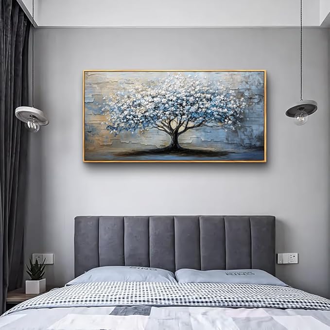 ERQINHUA Wood Framed Abstract Wall Art Office Large Wall Decor Art For Living Room Wall Pictures Blue Grey TreePainting Framed Canvas Artwork Bedroom Dining room Home Decoration Aesthetics 24"X48"