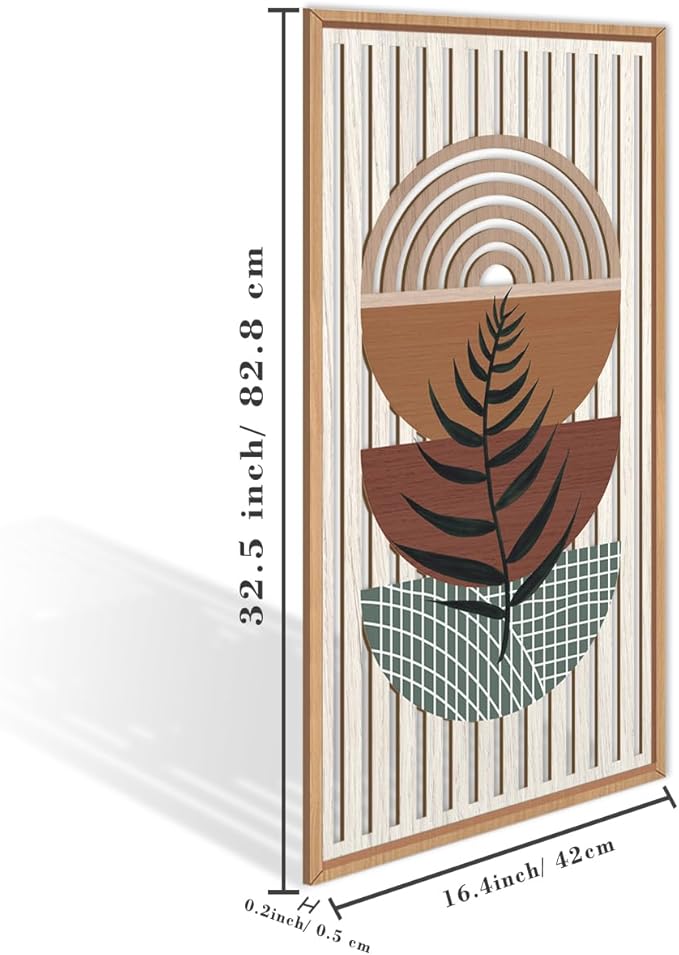 IARTTOP Framed Boho Mid-century Modern Wood Wall Art 16x32 Inch Large Bohemian Abstract Geometric Wooden Wall Decor Minimalist Brown Green Plant Decor for Bedroom Living Room Dining room Set of 3