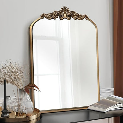 OUSHUAI Gold Antique Mirror,24"X36" Arched Bathroom Mirror,Victorian Antique Bronze Mirrors with Full Matel Frame,Wall Arch Mirror for Entryway/Bathroom/Fireplace