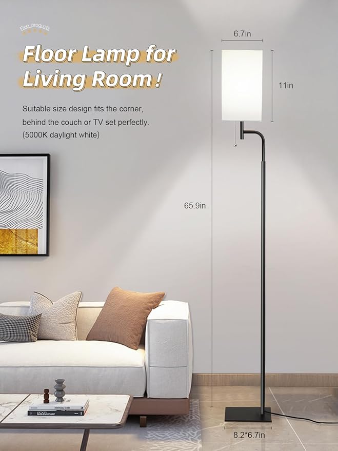 Modern Floor Lamp with 3 Color Temperatures, Square Linen Shade & Solid Iron Flat Base for Stability - Perfect for Compact Spaces Under Sofas or Behind Sectionals, Living Room, Bedroom, Office