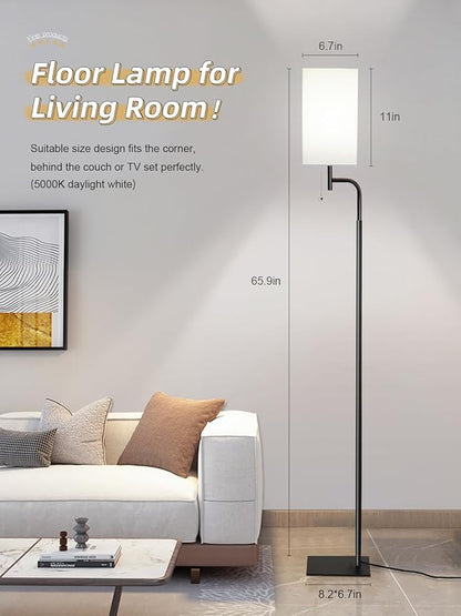 Modern Floor Lamp with 3 Color Temperatures, Square Linen Shade & Solid Iron Flat Base for Stability - Perfect for Compact Spaces Under Sofas or Behind Sectionals, Living Room, Bedroom, Office