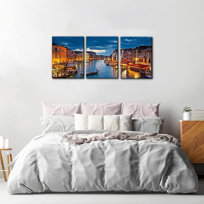 Pacimo Venice Night View 3-Piece Waterproof Watercolor Wall Art, Modern Canvas Prints - 16 x 36 inch, Ready to Hang - Living Room Decor
