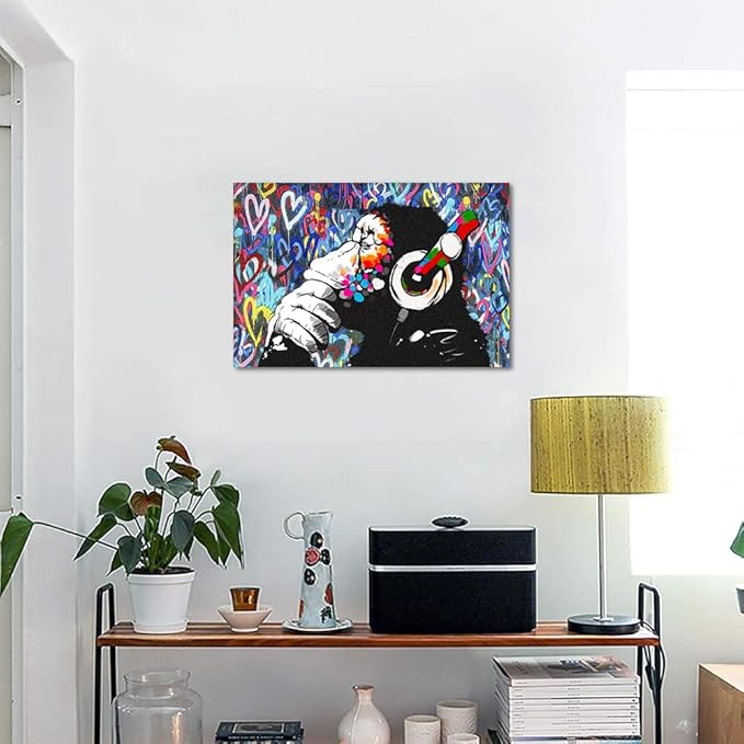 Graffiti Home Decor Music Canvas Wall Art Thinking Monkey Picture Artwork Framed Colorful Canvas Prints Street Art Picture for Living Room Ready to Hang 12x16 inch