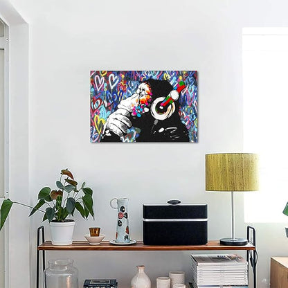 Graffiti Home Decor Music Canvas Wall Art Thinking Monkey Picture Artwork Framed Colorful Canvas Prints Street Art Picture for Living Room Ready to Hang 12x16 inch