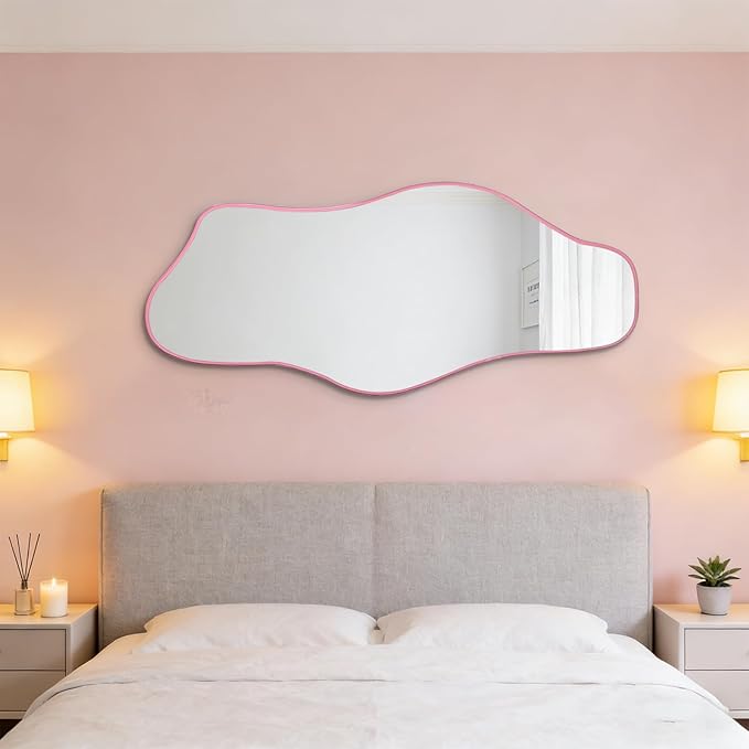 Large Irregular Mirror, 54.5"x24" Asymmetrical Tempered Glass Mirror, Pink Modern Organic Frameless Mirrors for Living Room Bedroom Hallway Entryway, Horizontal or Vertical Hanging