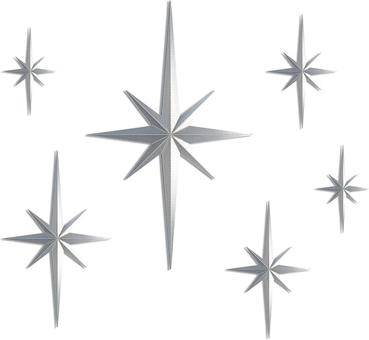 Stylor Mid Century Modern Decor, Mcm Retro 3D Star Art Wall Sculpture, Plastic Starburst Decor, Vintage Celestial Whimsigoth Home Decor Accent. (Set of 6, Silver)