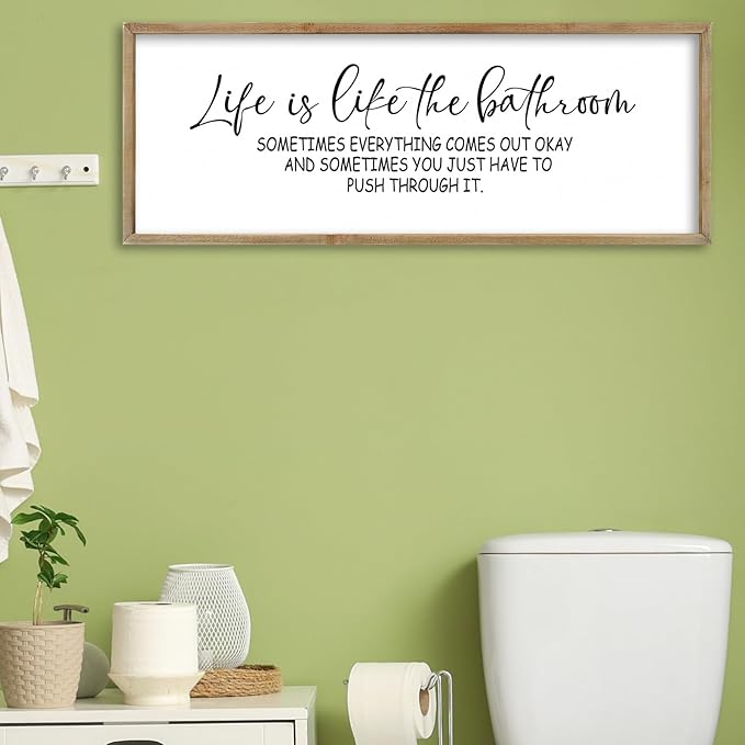 FZMHASLWW Humorous Motivational Bathroom Wall Decor 32"×12" Life Is Like The Bathroom Sign Funny Inspirational Quote for Farmhouse Toilet Restroom Large Modern Wood Framed Wall Hanging Art (Wood)