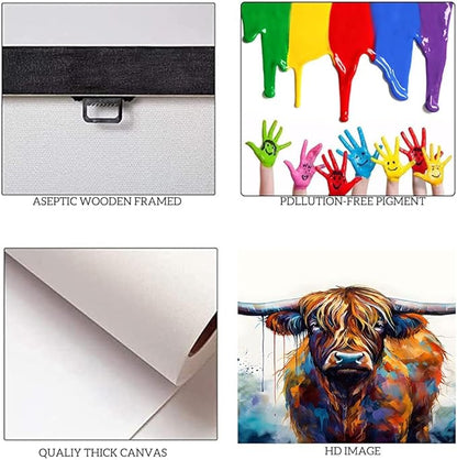 Highland Cow Abstract Canvas Wall Art 5 Panels Farmhouse Posters Graffiti Home Decor Artwork Wild Animal Prints Living Room Framed 60'' x 32''