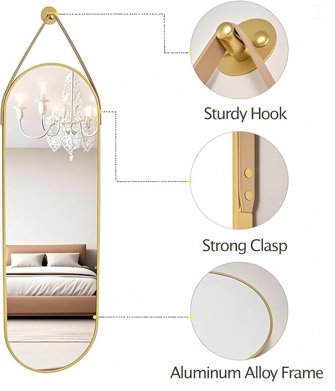 Dewfig 16"x48" Oval Full Length Mirror with Leather Strap Hanging Mirror with Aluminum Frame, Oval Gold Wall-Mounted Mirrors for Living Room Bedroom Entryway Décor, Gold