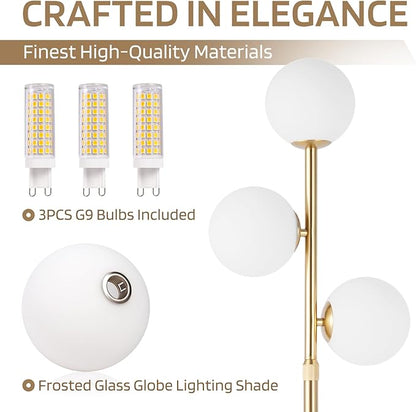 vallerico 3-Globe Mid Century Modern Floor Lamps for Living Room, Adjustable Height Standing Lamp with Marble Base, Gold Tall Lamp with Frosted Glass Shades, Pole Lamps for Bedroom, Bulbs Included