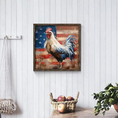 Rooster Wooden Wall Art Decor: Farm Animal Picture Country Cock Flag Framed Artwork Farmhouse Chicken Painting is the Perfect Combination of Energy Nature for the Kitchen Country House Bedroom 16"x16"