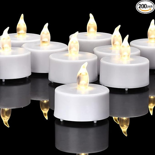 Battery Operated Flameless Tea Lights, Led Flickering Electric Votive Candle 200 Pack Realistic and Bright for Seasonal, Festive Celebrations and Holiday Gifts Warm White Lamp Long Lasting