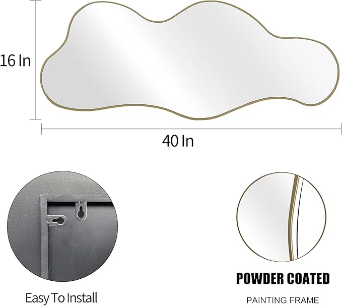 POZINO Irregular Wall Mirror, 39.3"x16" Asymmetrical Mirrors, Cloud Shaped Mirror, Gold Modern Abstract Frameless Mirrors for Bathroom Living Room Bedroom Entryway Hallway