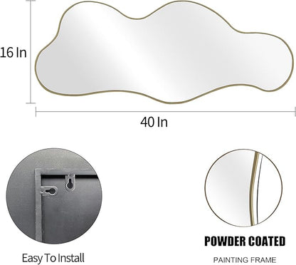 POZINO Irregular Wall Mirror, 39.3"x16" Asymmetrical Mirrors, Cloud Shaped Mirror, Gold Modern Abstract Frameless Mirrors for Bathroom Living Room Bedroom Entryway Hallway