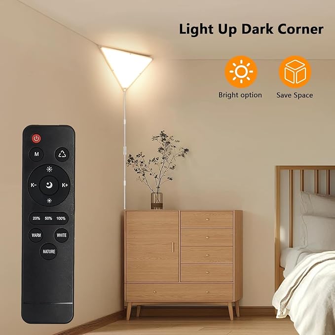 Upgraded Corner Light with Remote, 24W 2200LM LED Corner Lights for Living Room, 3000K/4000K/6000K Plug in Ceiling Lights with Switch, Stepless Dimmable LED Lamp for Bedroom, Triangle Shape(1 Pack)