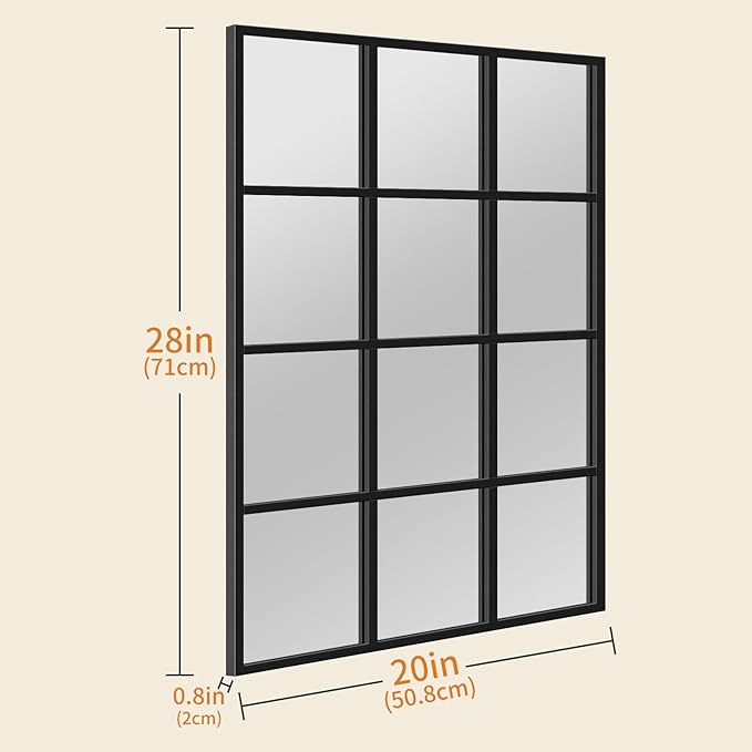 Window Pane Mirror, 28x20 Decorative Wall Mirrors, Black Metal Framed Windowpane Mirror for Farmhouse & Modern Bedroom, Living Room, Dining Room, Entryway, Fireplace Decor with Hanging or Leaning