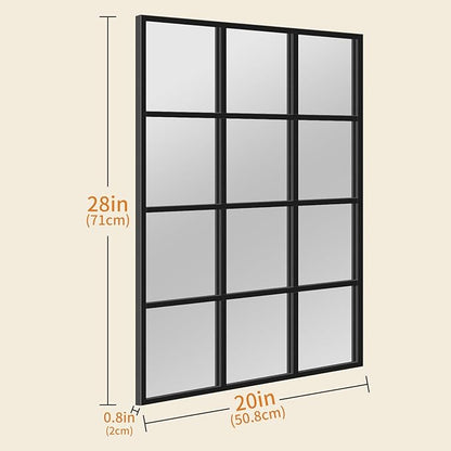 Window Pane Mirror, 28x20 Decorative Wall Mirrors, Black Metal Framed Windowpane Mirror for Farmhouse & Modern Bedroom, Living Room, Dining Room, Entryway, Fireplace Decor with Hanging or Leaning