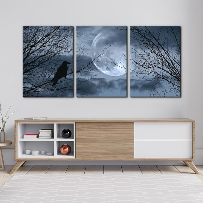 Pacimo 3 Pieces Canvas Art Wall Decor Full Moon Halloween Pictures Black and White Wall Art Painting Prints on Canvas Modern Artwork Stretched and Framed Ready to Hang - 20"x28"x3 Panel