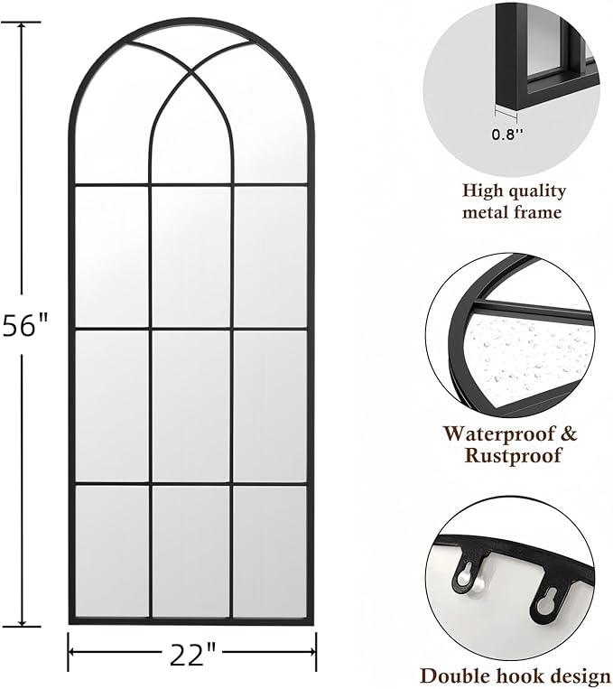 Prywot Full Length Mirror, 56"x22" Arched Window Pane Mirrors for Wall Decor, Black Full Body or Wall Mounted Mirrors, Farmhouse Standing Mirror Hanging or Leaning for Living Room, Entryway, No Stand