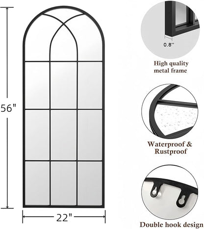 Prywot Full Length Mirror, 56"x22" Arched Window Pane Mirrors for Wall Decor, Black Full Body or Wall Mounted Mirrors, Farmhouse Standing Mirror Hanging or Leaning for Living Room, Entryway, No Stand