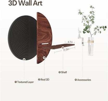 3D Textured Round Abstract Wall Art Decor With Shelf, Modern Minimalist Geometric Black Brown Artwork for Walls, Circle Sandstone Texture Wall Decor for Living Room, Hallway, Kitchen, Bedroom, Office