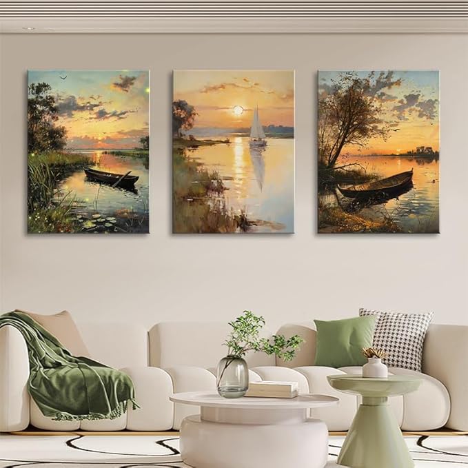 Vintage Farmhouse Sunset Canvas Wall Art for Living Room Nature Landscape Wall Paintings Boat Picture Artwork Aesthetic Wall Decor Ready to Hang for Modern Bathroom Bedroom Office 16"x24"x3pcs