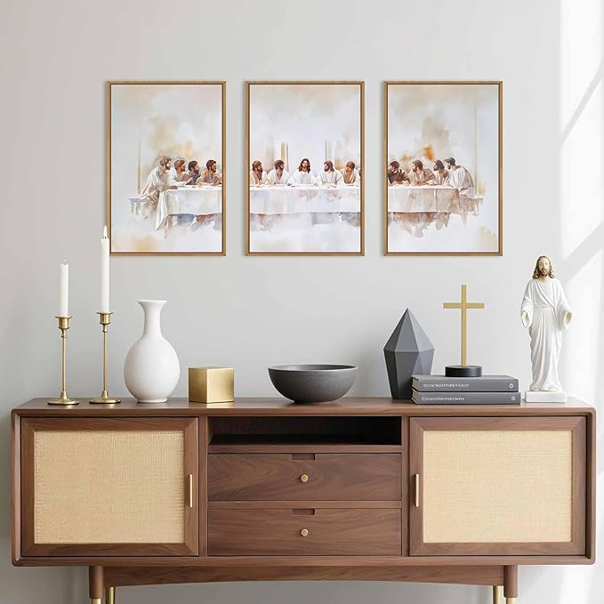 KAIRNE Jesus Last Supper Framed Canvas Wall Art Set, Christian Twelve Apostle Wall Decor, Bible Renaissance wall Painting, Religious Picture Art Print for Living Room, Bedroom, Church-16 x24 x3