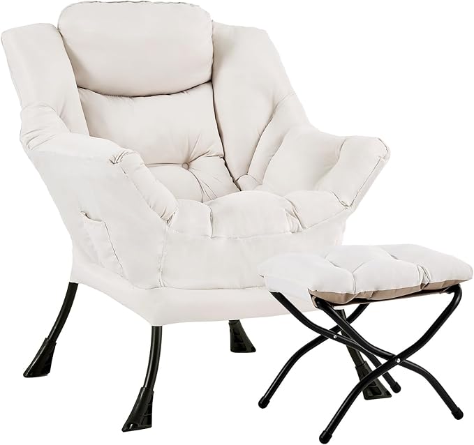 Lazy Chair with Ottoman, Large Beige Accent Chair with Ottoman, Comfy Reading Armchair, Leisure Sofa Chair for Living Room, Bedroom, Dorm Room, Office
