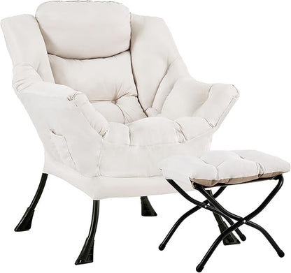 Lazy Chair with Ottoman, Large Beige Accent Chair with Ottoman, Comfy Reading Armchair, Leisure Sofa Chair for Living Room, Bedroom, Dorm Room, Office