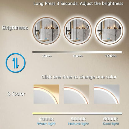 30 Inch Bathroom Round Wood LED Mirror with Wood Frame Round Lighted Vanity Mirror with Lights 3 Color Dimmable Anti Fog 30" Wood Circle LED Mirror for Bathroom Wall Round Smart Light up Mirror