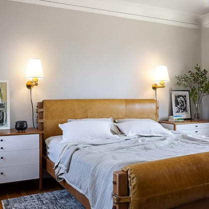 Gold Plug in Wall Sconces Set of Two, Brass Wall Sconce Lights for Bedroom Plug in, Wall Lamp with On/Off Switch Cord, Bedside Plugged Wall Mounted Light with Fabric Linen, Wall Decor for Living Room