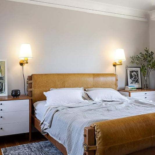 Gold Plug in Wall Sconces Set of Two, Brass Wall Sconce Lights for Bedroom Plug in, Wall Lamp with On/Off Switch Cord, Bedside Plugged Wall Mounted Light with Fabric Linen, Wall Decor for Living Room