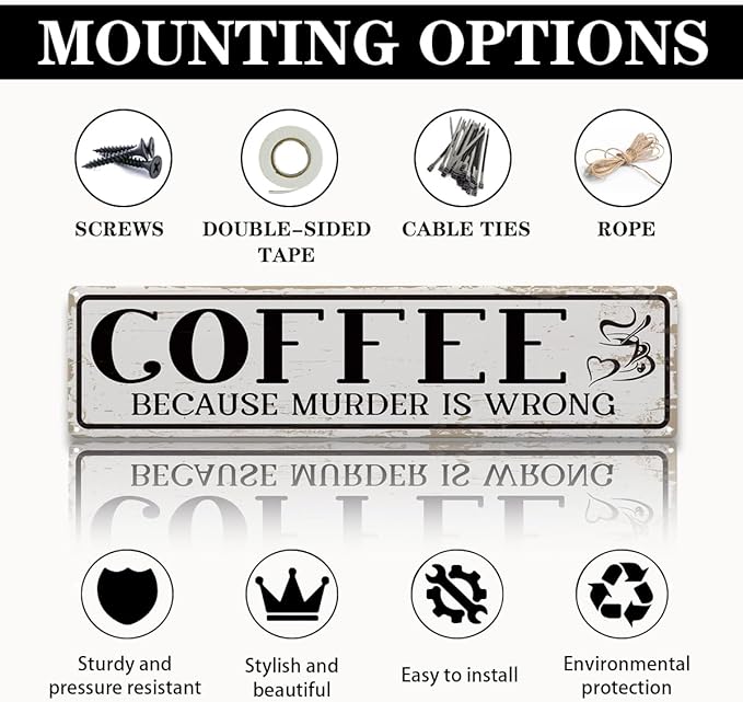 Funny Coffee Signs, Coffee Because Murder is Wrong Sign, Vintage Wall Decorations for Home Bar/Basement/Garage/Man Cave, Coffees Station Decors, Decorative Metal Wall Signs 15.8x4 Inches