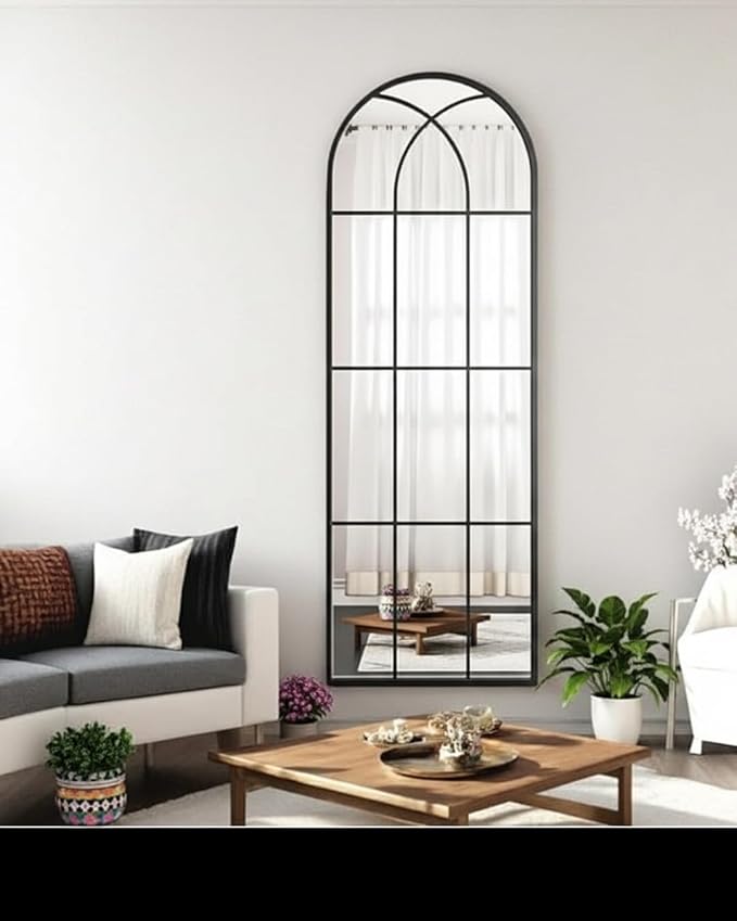Rowjut Black Arched Wall Mirror 56“ x 22”,Wall Decorative & Window Mirror with Iron Framed Window Pane Inspiration, Ideal for Foyer, Living Room, Bedroom & Fireplace to Create a Cozy Home!