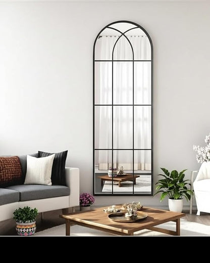 Rowjut Black Arched Wall Mirror 56“ x 22”,Wall Decorative & Window Mirror with Iron Framed Window Pane Inspiration, Ideal for Foyer, Living Room, Bedroom & Fireplace to Create a Cozy Home!