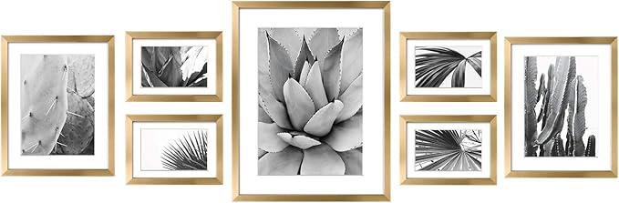 ArtbyHannah 7 Pack Gold Gallery Wall Picture Frames Sets with Decorative Botanical Art Prints for Photo Frame Collages for Home Decoration, Multiple Sizes 11x14x1, 8x10x2, 5x7x4