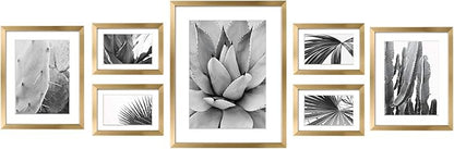 ArtbyHannah 7 Pack Gold Gallery Wall Picture Frames Sets with Decorative Botanical Art Prints for Photo Frame Collages for Home Decoration, Multiple Sizes 11x14x1, 8x10x2, 5x7x4