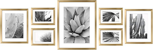 ArtbyHannah 7 Pack Gold Gallery Wall Picture Frames Sets with Decorative Botanical Art Prints for Photo Frame Collages for Home Decoration, Multiple Sizes 11x14x1, 8x10x2, 5x7x4