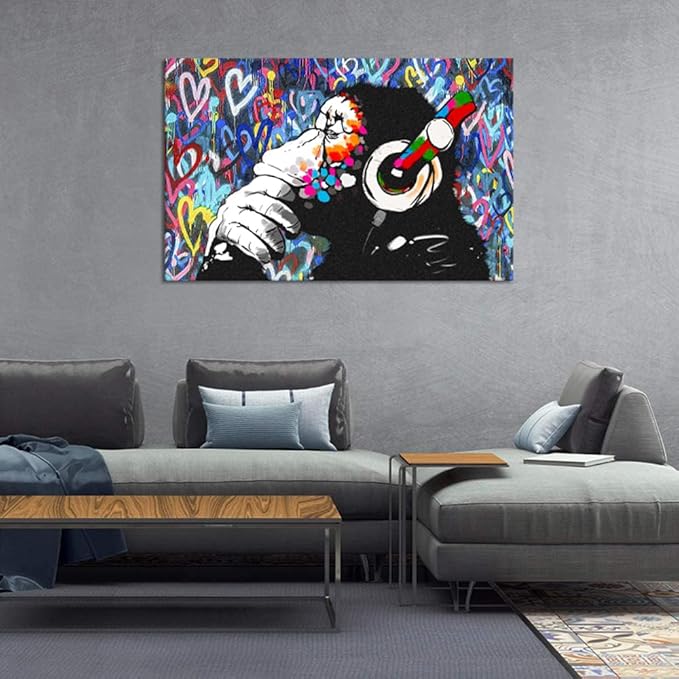 Monkey Graffiti Wall Art - Thinking Monkey Poster, Funny Picture, Painting Print on Canvas, Suitable for Home Wall Decor - Framed, Ready to Hang - 28x44inch
