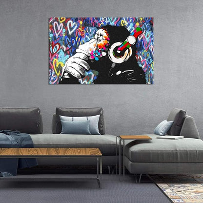 Monkey Graffiti Wall Art - Thinking Monkey Poster, Funny Picture, Painting Print on Canvas, Suitable for Home Wall Decor - Framed, Ready to Hang - 28x44inch