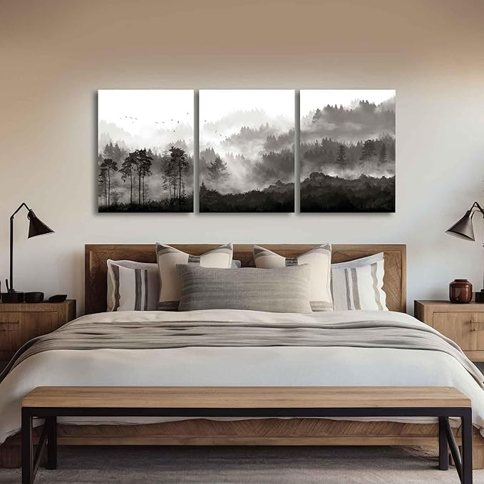 YJYart Bathroom Art Wall Decor Misty Forest Pictures Home Wall Decor for Bedroom Kitchen Office Modern Artwork 12"x 16" x 3 Piece